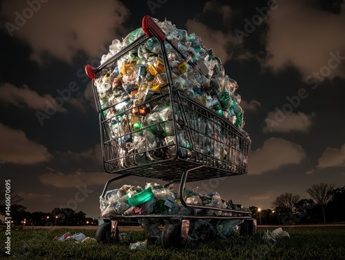 A shopping cart overflowing with trash sits against a dark sky, highlighting waste and environmental concerns.
