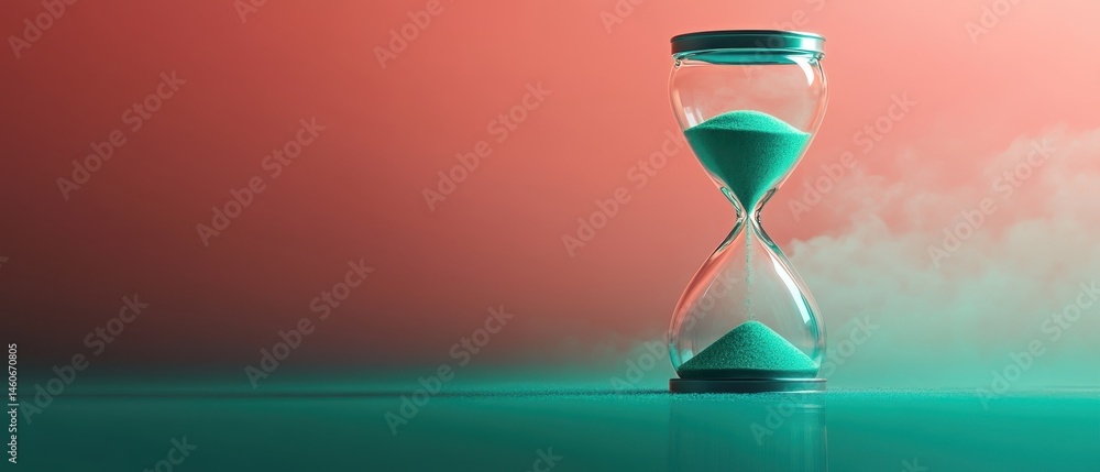 An hourglass filled with sand rests on a reflective surface, set against a gradient background of coral and teal, symbolizing the passage of time.