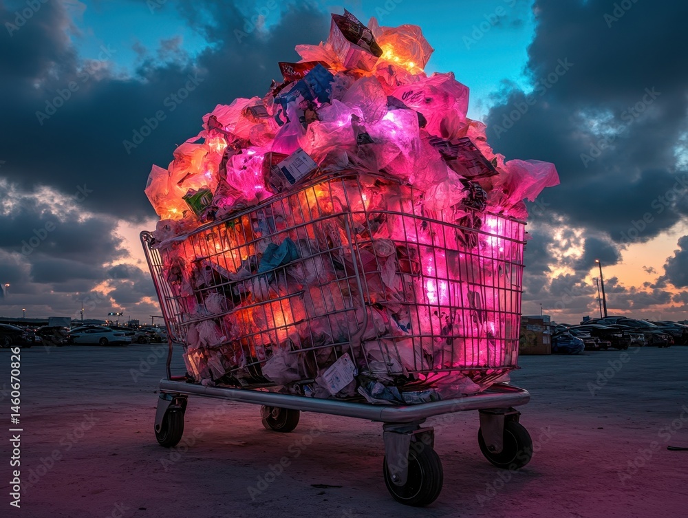 A shopping cart overflowing with colorful plastic waste against a dramatic sky, highlighting the issue of pollution and environmental neglect.