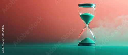 Obraz na płótnie An hourglass filled with sand rests on a reflective surface, set against a gradient background of coral and teal, symbolizing the passage of time. w salonie