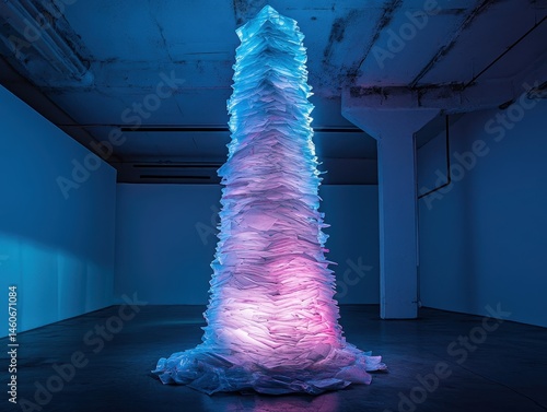 Abstract art installation featuring a towering structure amidst a blue background, creating a striking visual effect.