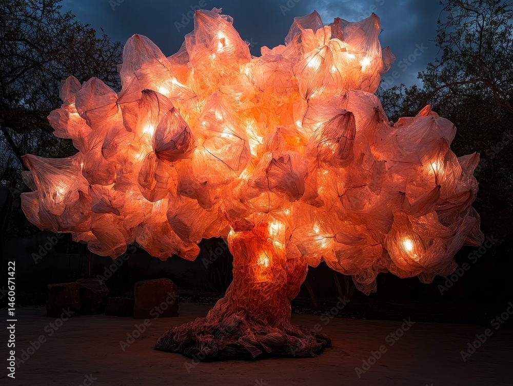 A vibrant, illuminated tree sculpture made of translucent materials, creating a striking visual against a darkening sky.
