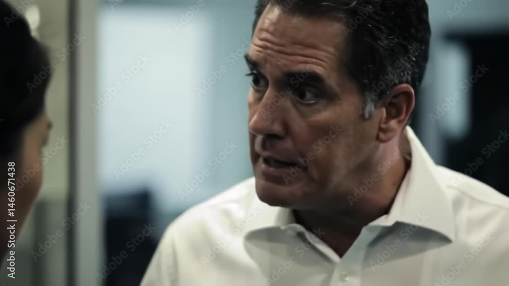 Tension fills the air as a woman confronts a man in an office environment. She gestures animatedly while expressing her frustrations. Tension fills the air as a woman confronts a man in an office environment. She gestures animatedly while expressing her frustrations.