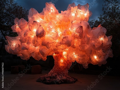 Obraz na płótnie A vibrant, illuminated tree sculpture made of translucent materials, creating a striking visual against a darkening sky. w salonie