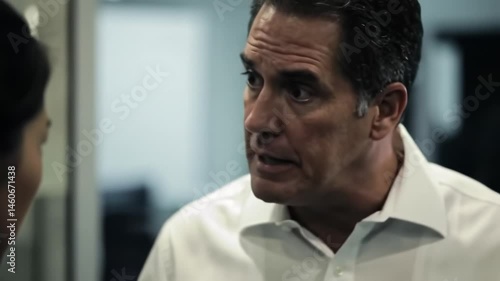 Tension fills the air as a woman confronts a man in an office environment. She gestures animatedly while expressing her frustrations.