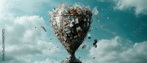 A trophy made of shattered glass fragments floats against a blue sky, symbolizing achievement and fragility.