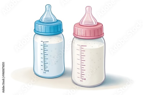 Cartoon Baby Bottles with Blue and Pink Caps on White Background
