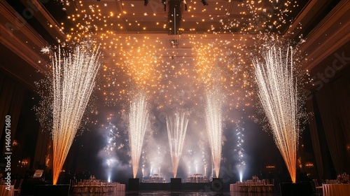 Spectacular indoor fireworks display illuminating a celebratory event