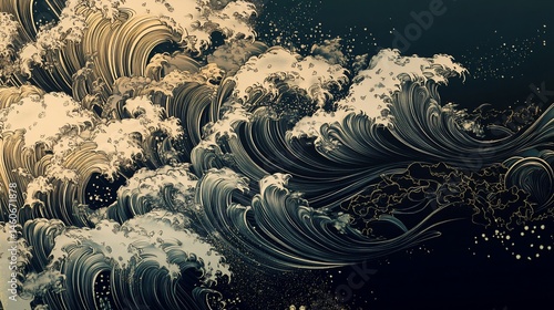 Dramatic Ocean Waves in Monochrome Japanese Art Style Illustration