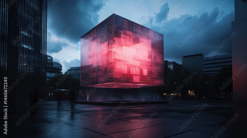 A futuristic cube structure with glowing accents stands amidst a modern urban setting under a dramatic sky.