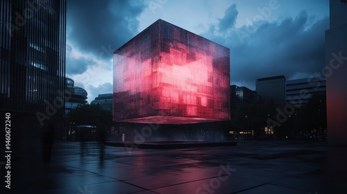 Obraz na płótnie A futuristic cube structure with glowing accents stands amidst a modern urban setting under a dramatic sky. w salonie