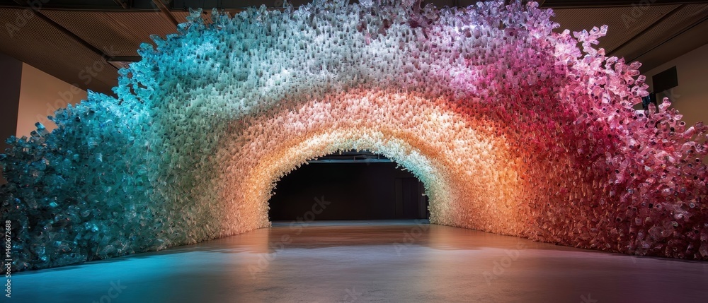 A vibrant art installation featuring an arch made from numerous colorful objects, creating a visually striking and immersive experience.