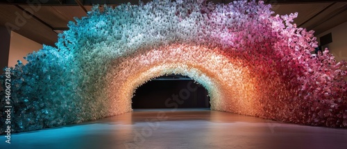 Obraz na płótnie A vibrant art installation featuring an arch made from numerous colorful objects, creating a visually striking and immersive experience. w salonie