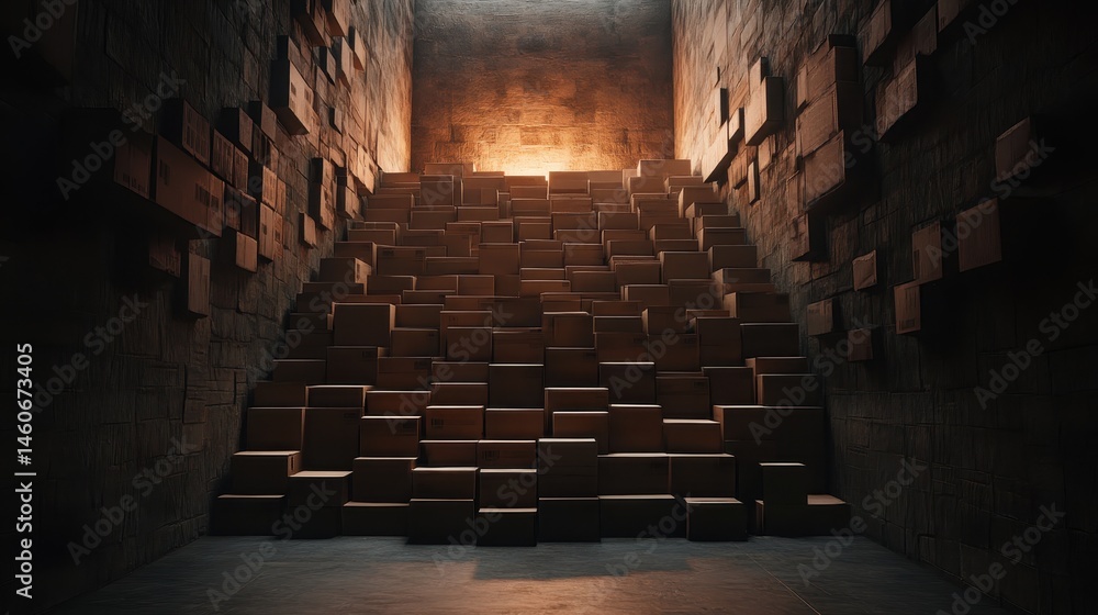A dimly lit space with stacked boxes creating a stair-like formation against textured walls, evoking a sense of mystery and confinement.