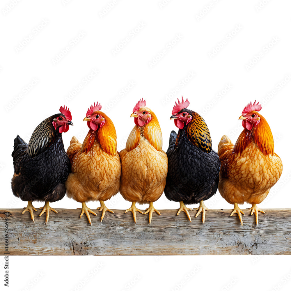 Fototapeta premium Five Chickens Standing on Wooden Plank Isolated on Transparent Background