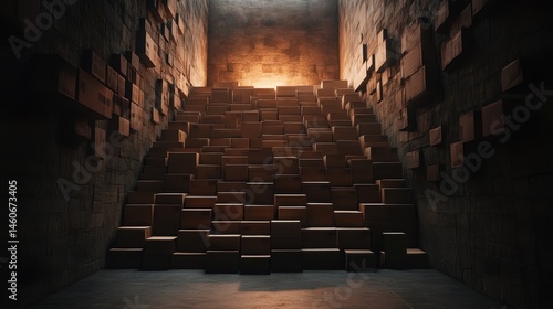 Obraz na płótnie A dimly lit space with stacked boxes creating a stair-like formation against textured walls, evoking a sense of mystery and confinement. w salonie