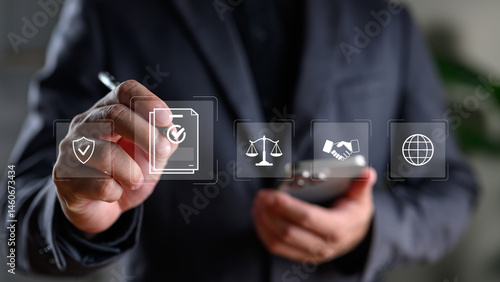 Wallpaper Mural Digital compliance and legal agreement concept with businessman's hand selecting contract icon, representing online regulation, law, approval process, and secure global business operations. Torontodigital.ca