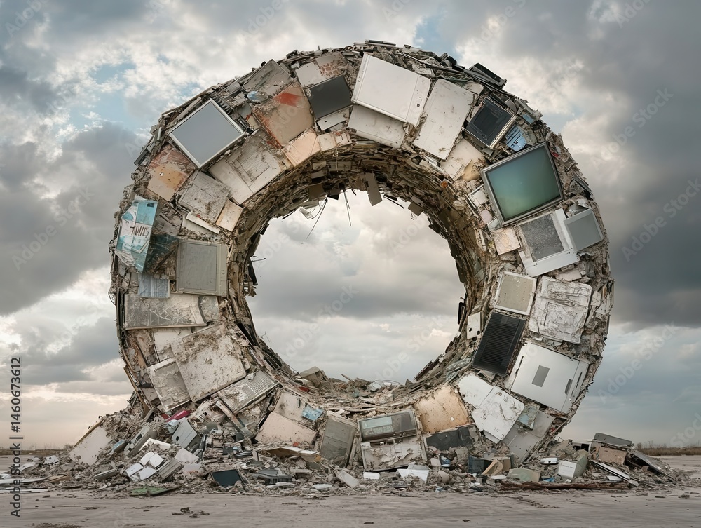 A large circular structure made of debris and discarded materials, set against a cloudy sky, illustrating themes of waste and environmental impact.