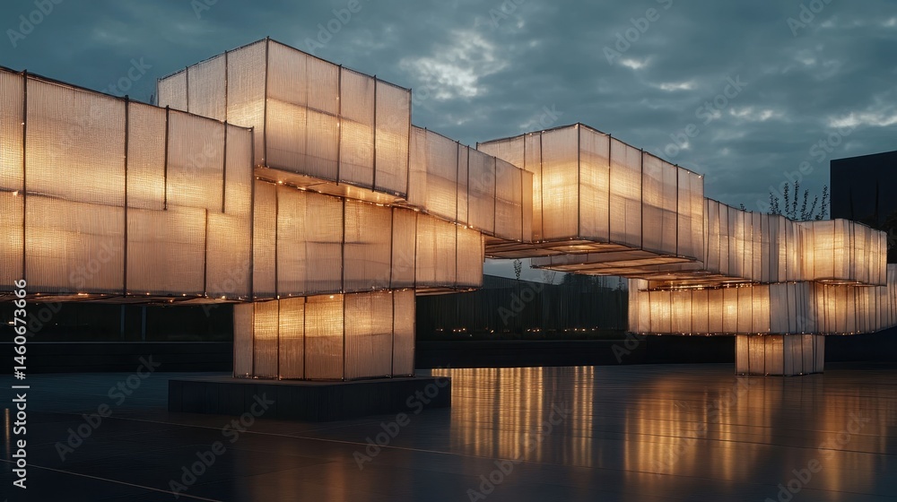 Illuminated modern architecture structure reflecting on water under a moody sky, showcasing a blend of light and design.