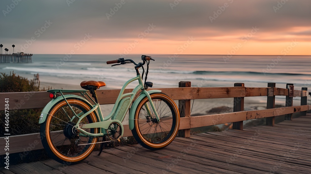 Fototapeta premium Green Electric Bike Parked on Boardwalk for Sustainable Transportation and Urban Lifestyle Inspiration