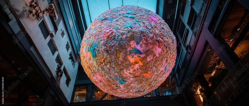 A large, colorful installation hangs from the ceiling of a modern space, surrounded by brick walls and open architecture.