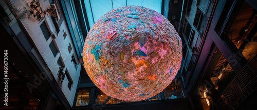 Obraz na płótnie A large, colorful installation hangs from the ceiling of a modern space, surrounded by brick walls and open architecture. w salonie