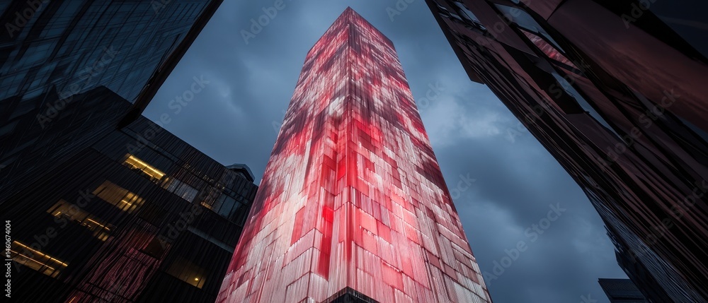 A tall, modern building with a striking red facade is surrounded by other structures under a dramatic sky.
