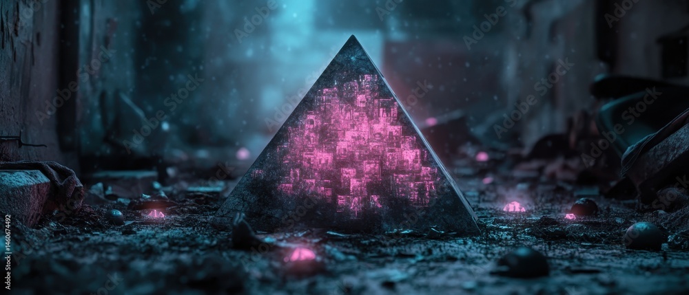 Mysterious glowing pyramid amidst a dark, debris-strewn environment, creating an eerie and atmospheric scene.