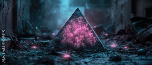 Obraz na płótnie Mysterious glowing pyramid amidst a dark, debris-strewn environment, creating an eerie and atmospheric scene. w salonie