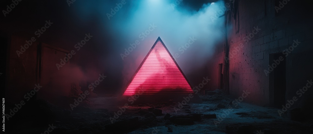 Illuminated pyramid in a foggy urban setting, surrounded by dimly lit buildings and atmospheric lighting.