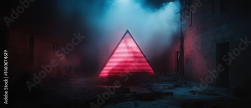 Obraz na płótnie Illuminated pyramid in a foggy urban setting, surrounded by dimly lit buildings and atmospheric lighting. w salonie