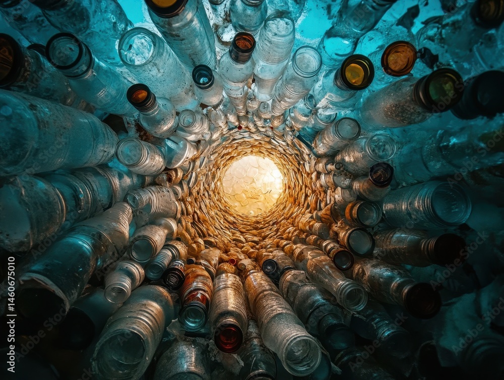 A circular view looking up through a collection of glass bottles, illuminated by light at the center, creating an artistic and unique visual effect.