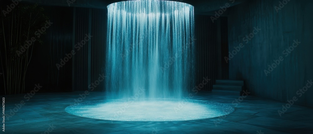 A serene indoor waterfall surrounded by dark walls creates a tranquil atmosphere, with shimmering water cascading into a illuminated pool.