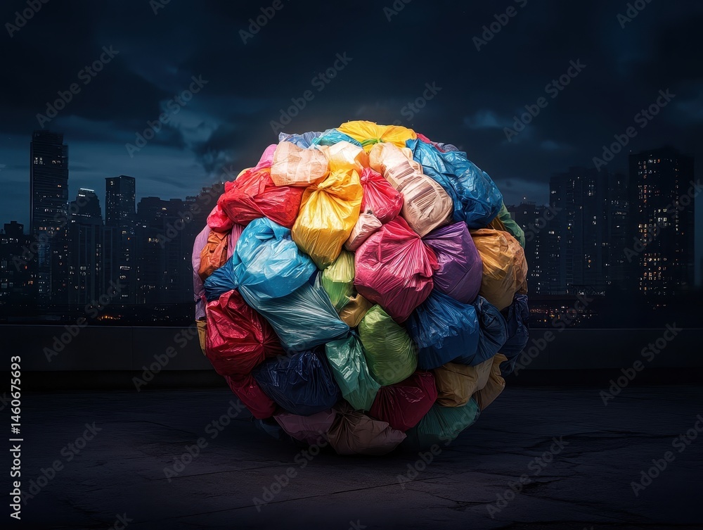 A colorful ball of crumpled plastic waste sits against a city skyline, symbolizing pollution and environmental concerns.