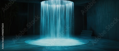 Obraz na płótnie A serene indoor waterfall surrounded by dark walls creates a tranquil atmosphere, with shimmering water cascading into a illuminated pool. w salonie
