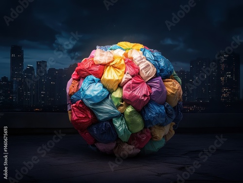 Obraz na płótnie A colorful ball of crumpled plastic waste sits against a city skyline, symbolizing pollution and environmental concerns. w salonie