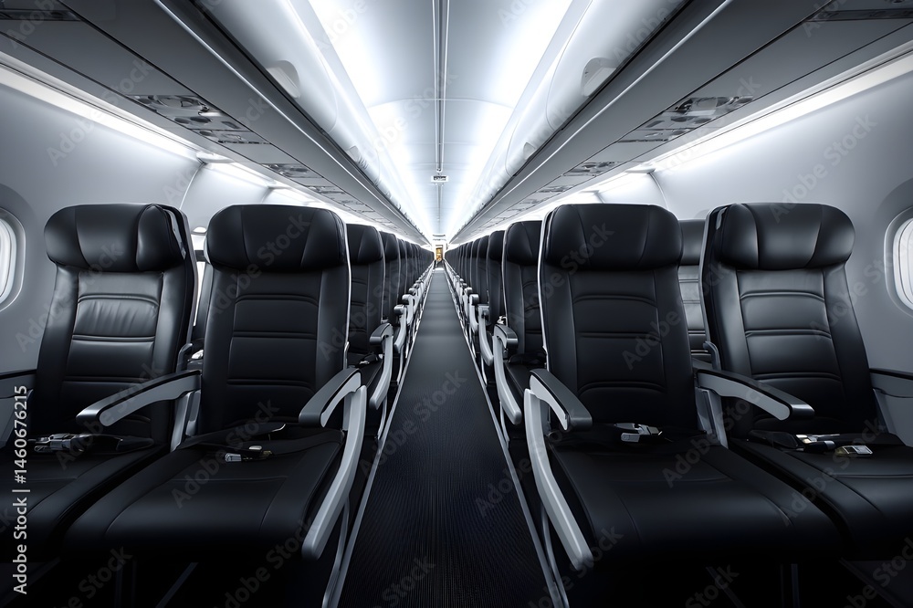 Obraz premium Minimalist airplane interior with neat rows of seats showcasing a modern travel design