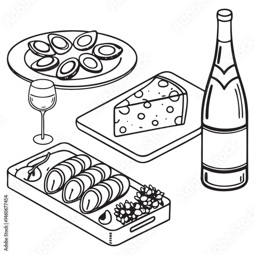 Minimalist food and wine hand drawn sketch set. Cheese platte, ousters plate, charcuterie Jamon and salami board, vine bottle, 
drink glass, champagne vector