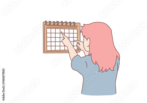 Young worried woman checking looking at calendar for pregnant terms or menstruation periods. Waiting for holidays vacations. Hand drawn style vector design illustrations.