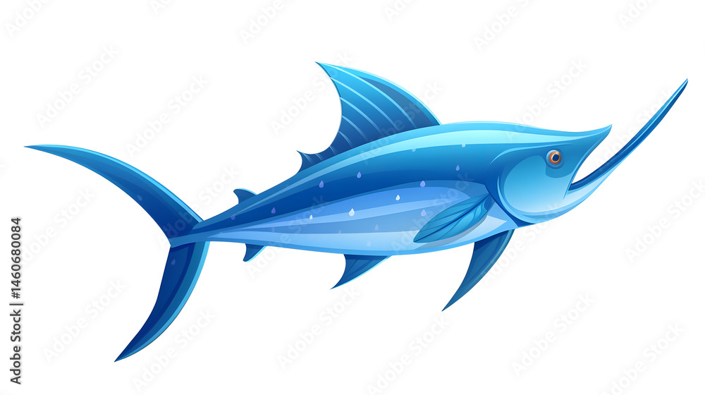 Obraz premium Detailed Swimming Swordfish Cartoon Fish Icon in Underwater Scene for Design Projects