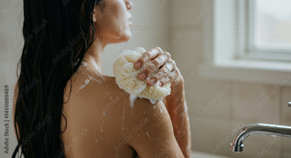 Fototapeta premium Elegant Woman with Raven Hair Gracefully Washes Back with Loofah Creamy Lather Flowing Over Her Skin in Sundrenched Spa Bathroom