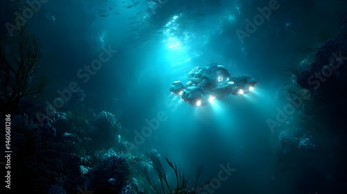 Wallpaper Mural Brave underwater explorer swims through bioluminescent waters in advanced suit, unveiling surreal breathtaking marine wonders Torontodigital.ca