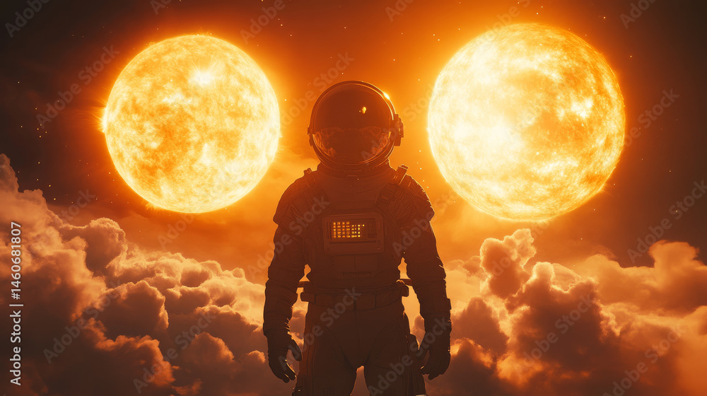 Fototapeta premium futuristic astronaut stands confidently in front of two bright suns, surrounded by dramatic clouds, evoking sense of wonder and exploration in cosmic landscape