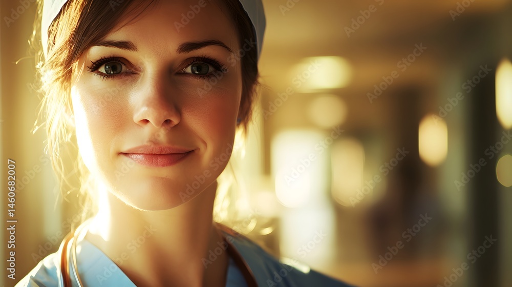 Fototapeta premium Nurse's Face with Compassionate Expression: A nurse's face, showing compassion and care, in a softly lit hospital setting. 