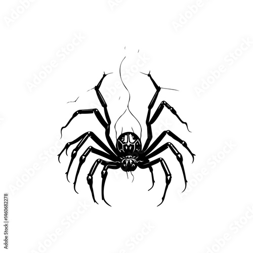 Detailed arachnid artwork features a hanging spider against a crack background