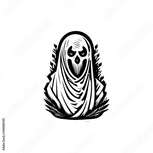 Eerie spectral figure with shadowy shroud: a chilling illustration of afterlife