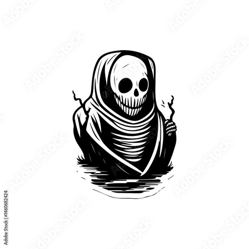 Sinister shrouded figure, unsettling monochrome skull illustration, evocative depiction