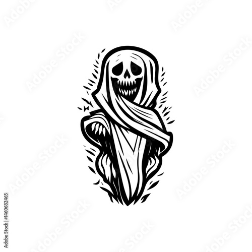 Monochrome spectral figure art, symbolizing mortality and the macabre form
