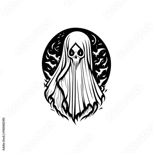 Spooky spectral apparition with skull face, dark aura, and bat silhouette