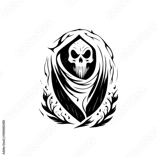 Monochromatic illustration of skeletal figure enveloped in swirling darkness